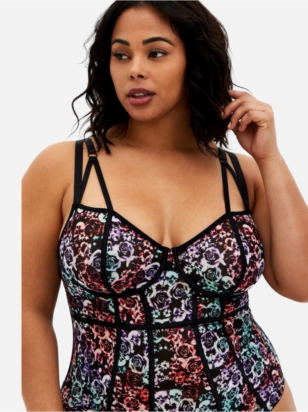 torrid NWT Black Floral & Skull Longline Underwire Bodysuit - Picture 9 of 12